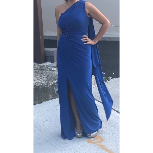 One Shoulder Beaded Brooch Draped Formal Gown - Picture 7 of 16